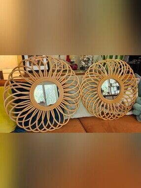 Vintage MCM-Style 2PC Double Looped Rattan Boho Wall Art Mirrors Set